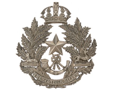 Badge. Cameronians (Scottish Rifles) Victorian Officer's helmet plate circa 1881-1892.  Good scarce die-stamped silvered Guel