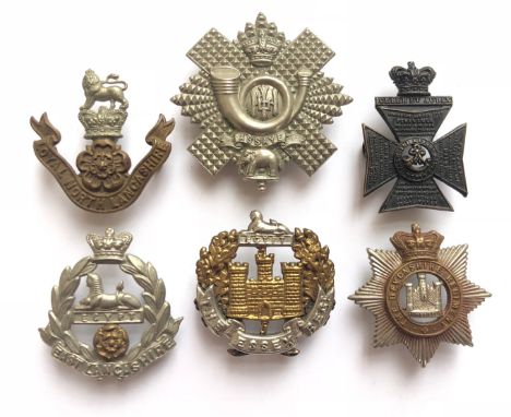 6 Victorian Infantry cap badges.  Loyal North Lancashire ... Highland Light Infantry ... King's Royal Rifle Corps ... Essex .
