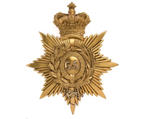 Badge. 55th (Westmoreland) Regiment of Foot Victorian Officer's Albert shako plate circa 1844-55.  Fine scarce die-stamped gi