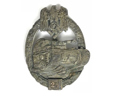 German Third Reich SS / Army WW2 Tank Assault breast badge for 25 Engagements by JFS.  Excavated rare die-cast example. Appro