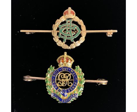 Army Dental Corps &amp; Royal Engineers Gold &amp; Enamel Regimental Sweetheart Brooches.  The Army Dental Corps is a  fine e