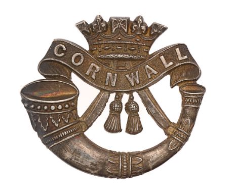 Duke of Cornwall's Light Infantry Officer's silver cap badge. Fine die-cast strung bugle surmounted by coronet resting on COR
