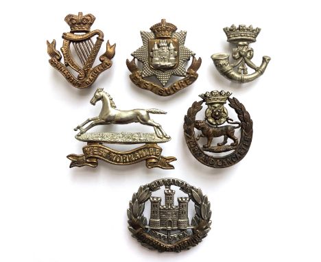 6 Victorian/Edwardian Infantry cap badges.  Connaught Rangers ... East Surrey ...  Duke of Cornwall's Light Infantry VB FS ca