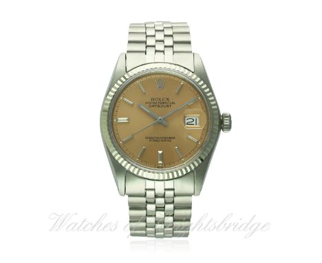 A GENTLEMAN'S STEEL & WHITE GOLD ROLEX OYSTER PERPETUAL DATEJUST BRACELET WATCH CIRCA 1974, REF. 1601
D: Pink dial with silve