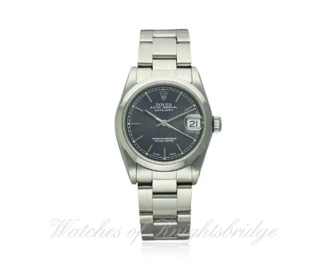 A MID SIZE STAINLESS STEEL ROLEX OYSTER PERPETUAL DATEJUST BRACELET WATCH CIRCA 1990, REF. 68240
D: Grey dial with silver bat