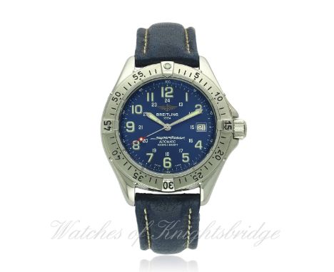 A GENTLEMAN'S STAINLESS STEEL BREITLING SUPEROCEAN AUTOMATIC WRIST WATCH CIRCA 2001, REF. A17340 
D: Blue dial with applied l