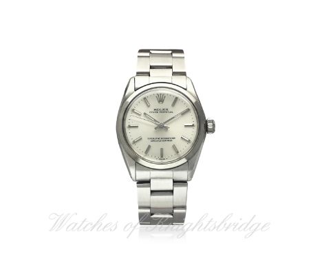 A MID SIZE STAINLESS STEEL ROLEX OYSTER PERPETUAL BRACELET WATCH CIRCA 1969, REF. 6584
D: Silver dial with silver batons. M: 