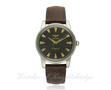 A GENTLEMAN'S STAINLESS STEEL LONGINES CONQUEST AUTOMATIC WRIST WATCH CIRCA 1955, REF. 9000 6
D: Black dial with gilt faceted