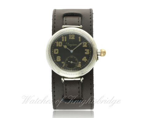 A GENTLEMAN'S SOLID SILVER LONGINES "OFFICERS" BORGEL WRIST WATCH CIRCA 1918
D: Black enamel dial with applied luminous Arabi