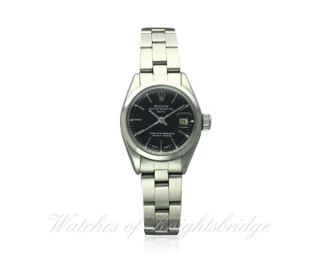A LADIES STAINLESS STEEL ROLEX OYSTER PERPETUAL DATE BRACELET WATCH CIRCA 1978, REF. 6916 WITH ORIGINAL PAPERS
D: Black dial 