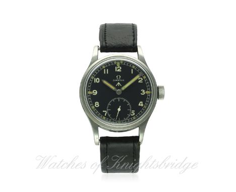 A GENTLEMAN'S STAINLESS STEEL BRITISH MILITARY W.W.W. OMEGA WRIST WATCH CIRCA 1944
D: Black dial with applied Arabic numerals