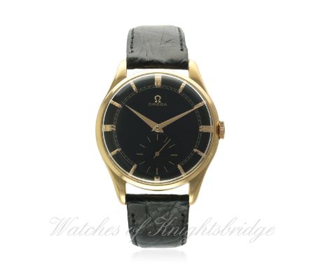 A RARE GENTLEMAN'S LARGE SIZE 18K SOLID PINK GOLD OMEGA WRIST WATCH CIRCA 1950, REF. 2620
D: Black dial with gilt batons, sub