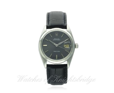 A GENTLEMAN'S STAINLESS STEEL ROLEX OYSTERDATE PRECISION WRIST WATCH CIRCA 1963, REF. 6694
D: Grey dial with silver batons & 