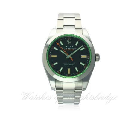 A GENTLEMAN'S STAINLESS STEEL ROLEX OYSTER PERPETUAL "GREEN GLASS" MILGAUSS BRACELET WATCH DATED 2013, REF. 116400GV, UNWORN 