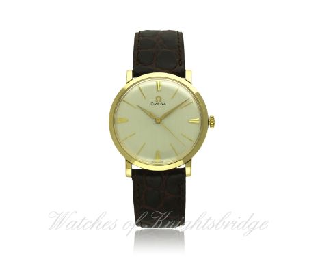 A GENTLEMAN'S 9CT SOLID GOLD OMEGA WRIST WATCH CIRCA 1960, REF. 00764
D: Silver dial with gilt batons & "dagger" hands, subsi