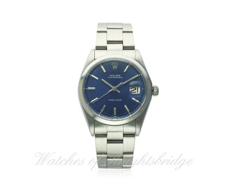 A GENTLEMAN'S STAINLESS STEEL ROLEX OYSTERDATE PRECISION BRACELET WATCH CIRCA 1971, REF. 6694
D: Sunburst blue dial with silv