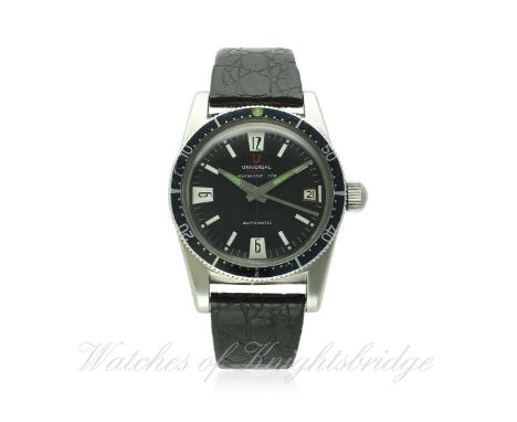 A GENTLEMAN'S STAINLESS STEEL UNIVERSAL GENEVE POLEROUTER SUB AUTOMATIC WRIST WATCH CIRCA 1960s
D: Black cross hair dial with