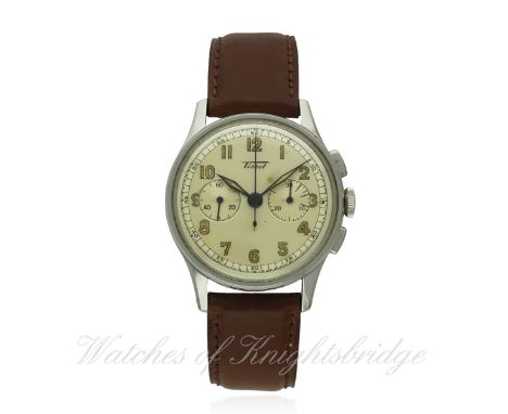 A GENTLEMAN'S STAINLESS STEEL TISSOT CHRONOGRAPH WRIST WATCH CIRCA 1940s, REF. 6212-2
D: Two tone silver dial with luminous a