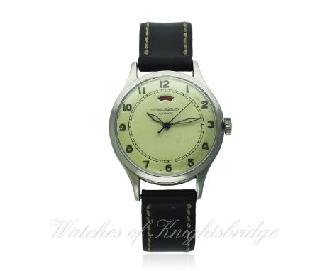 A GENTLEMAN'S STAINLESS STEEL JAEGER LECOULTRE POWERMATIC WRIST WATCH CIRCA 1950
D: Silver dial with applied luminous Arabic 