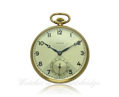 A GENTLEMAN'S 9CT SOLID GOLD ROLEX POCKET WATCH CIRCA 1930, REF. 2770
D: Two tone silver "quartered" dial with applied Arabic