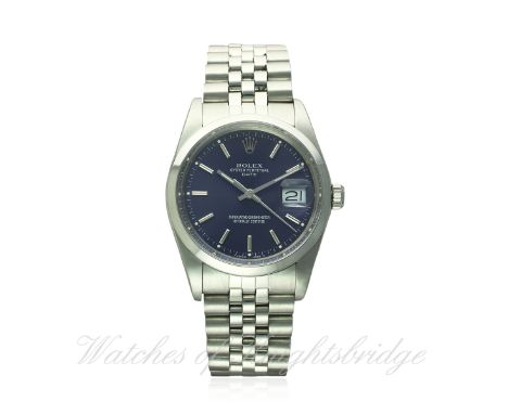 A GENTLEMAN'S STAINLESS STEEL ROLEX OYSTER PERPETUAL DATE BRACELET WATCH CIRCA 1989, REF. 15000
D: Blue dial with silver bato
