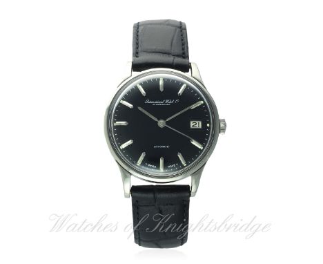A GENTLEMAN'S STAINLESS STEEL IWC AUTOMATIC WRIST WATCH CIRCA 1960, REF. 809 A
D: Black dial with silver batons, date apertur