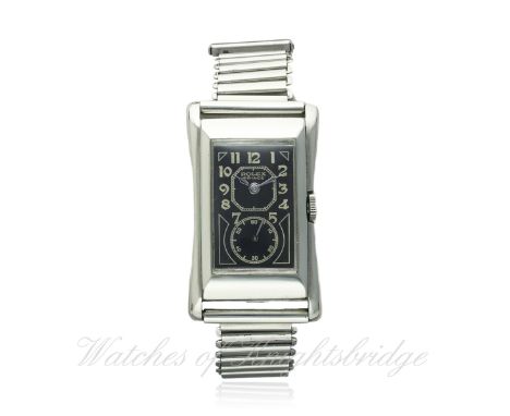 A RARE GENTLEMAN'S STAINLESS STEEL ROLEX PRINCE BRANCARD WRIST WATCH CIRCA 1930s, REF. 971
D: Black duo dial with silver Arab