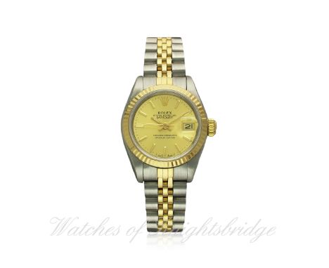 A LADIES STEEL & GOLD ROLEX OYSTER PERPETUAL DATEJUST BRACELET WATCH CIRCA 1987, REF. 69173
D: Champagne dial with gilt baton