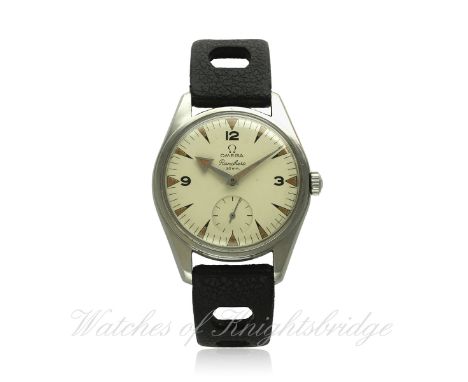 A RARE GENTLEMAN'S STAINLESS STEEL OMEGA RANCHERO WRIST WATCH CIRCA 1959, REF. 2990 1
D: Silver dial with applied luminous ma