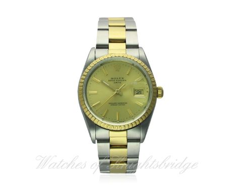 A GENTLEMAN'S STEEL & GOLD ROLEX OYSTER PERPETUAL DATE BRACELET WATCH CIRCA 1989, REF. 15223
D: Champagne dial with gilt bato