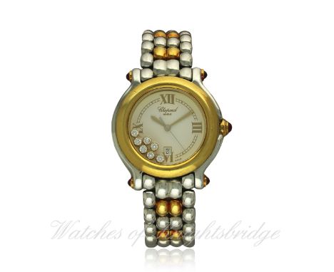 A LADIES MID SIZE STEEL & GOLD CHOPARD HAPPY SPORT BRACELET WATCH CIRCA 2006, REF. 8236 27/8249-21
D: White dial with quarter
