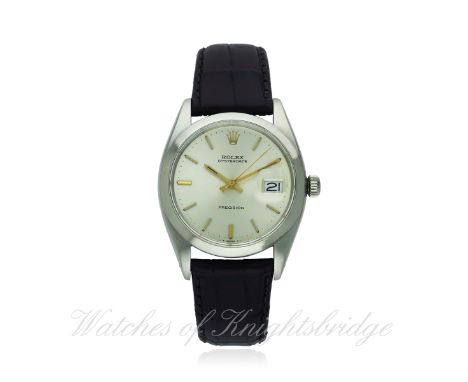 A GENTLEMAN'S STAINLESS STEEL ROLEX OYSTERDATE PRECISION WRIST WATCH CIRCA 1959, REF. 6694
D: Silver dial with gilt batons & 