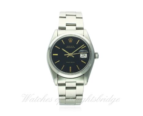 A GENTLEMAN'S STAINLESS STEEL ROLEX OYSTERDATE PRECISION BRACELET WATCH CIRCA 1980, REF. 6694
D: Gloss black dial with gilt b