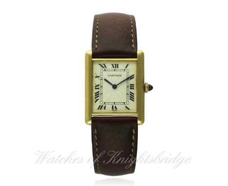 A GENTLEMAN'S 18K SOLID GOLD CARTIER TANK WRIST WATCH CIRCA 1980s, REF. 1600
D: Silver guilloche dial with applied Roman nume