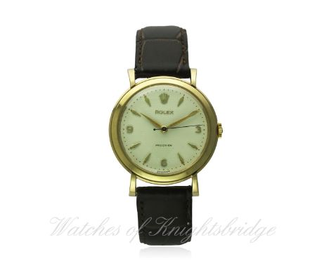 A RARE GENTLEMAN'S 9CT SOLID GOLD ROLEX PRECISION WRIST WATCH CIRCA 1950s
D: Silver "honeycomb" dial with gilt 3-6-9 Arabic n