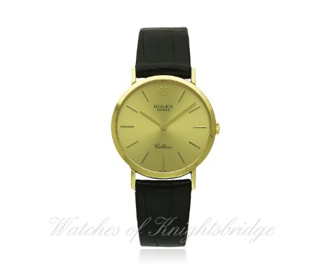 A GENTLEMAN'S 18K SOLID GOLD ROLEX CELLINI WRIST WATCH CIRCA 1980s, REF. 4112
D: Champagne coloured dial with black inlaid gi