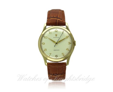 A GENTLEMAN'S LARGE SIZE 9CT SOLID GOLD ROLEX PRECISION WRIST WATCH CIRCA 1959
D: Silver dial with raised gilt Arabic numeral