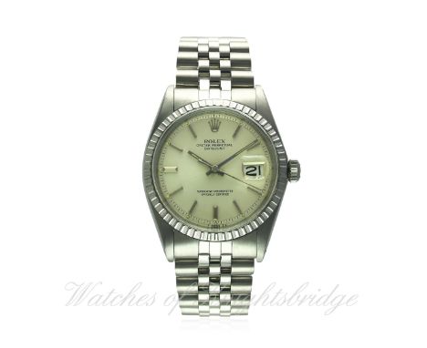 A GENTLEMAN'S STAINLESS STEEL ROLEX OYSTER PERPETUAL DATEJUST BRACELET WATCH CIRCA 1970, REF. 1603
D: Silver dial with silver