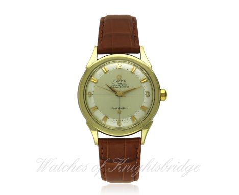 A GENTLEMAN'S STEEL & GOLD OMEGA CONSTELLATION CHRONOMETER WRIST WATCH CIRCA 1953, REF. 2652-14 SC
D: Silver two tone "cross-