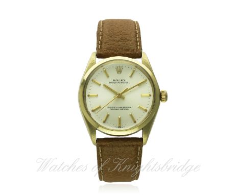 A GENTLEMAN'S 14K SOLID GOLD ROLEX OYSTER PERPETUAL WRIST WATCH CIRCA 1978 REF. 1002 / 1005
D: Silver dial with gilt batons &