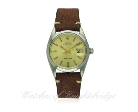 A GENTLEMAN'S STAINLESS STEEL ROLEX OYSTERDATE PRECISION WRIST WATCH CIRCA 1964, REF. 6694
D: Silver dial with gilt batons & 