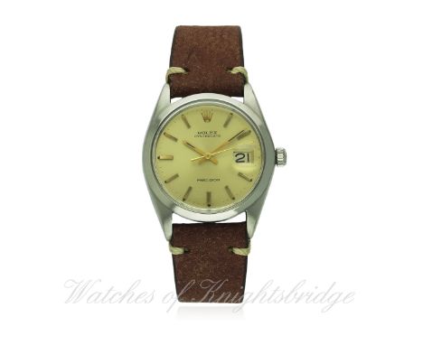 A GENTLEMAN'S STAINLESS STEEL ROLEX OYSTERDATE PRECISION WRIST WATCH CIRCA 1964, REF. 6694
D: Silver dial with gilt batons & 