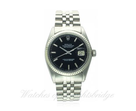 A GENTLEMAN'S STEEL & WHITE GOLD ROLEX OYSTER PERPETUAL DATEJUST BRACELET WATCH CIRCA 1970, REF. 1601
D: Black dial with silv