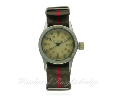 A RARE GENTLEMAN'S STAINLESS STEEL BRITISH MILITARY LONGINES PARATROOPERS WRIST WATCH CIRCA 1940s
D: Silver dial with applied