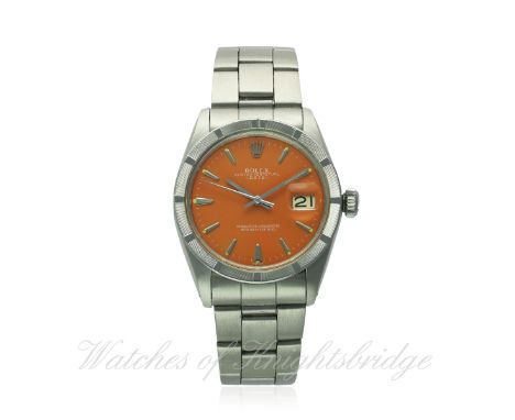 A GENTLEMAN'S STAINLESS STEEL ROLEX OYSTER PERPETUAL DATE BRACELET WATCH CIRCA 1965, REF. 1501
D: Orange dial with silver "da