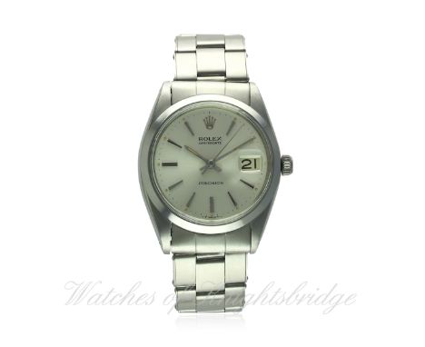 A GENTLEMAN'S STAINLESS STEEL ROLEX OYSTERDATE PRECISION BRACELET WATCH CIRCA 1966, REF. 6694
D: Silver dial with silver bato