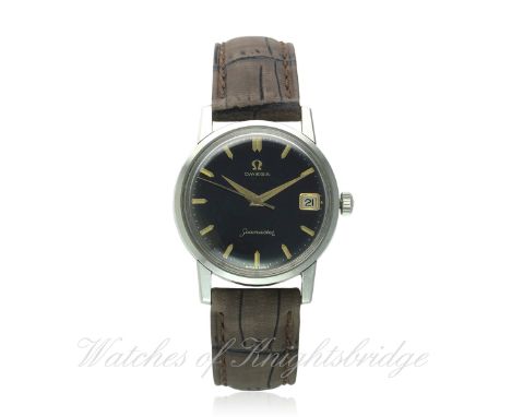 A GENTLEMAN'S STAINLESS STEEL OMEGA SEAMASTER WRIST WATCH CIRCA 1960, REF. 14384 3 SC
D: Gloss black dial with gilt batons & 