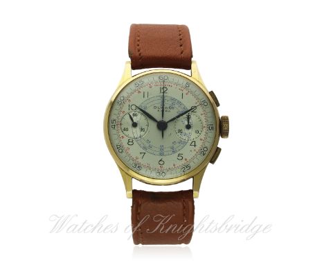 A GENTLEMAN'S 18K SOLID GOLD CHRONOGRAPH WRIST WATCH CIRCA 1940s, REF. 2677
D: Two tone silver dial with applied Arabic numer