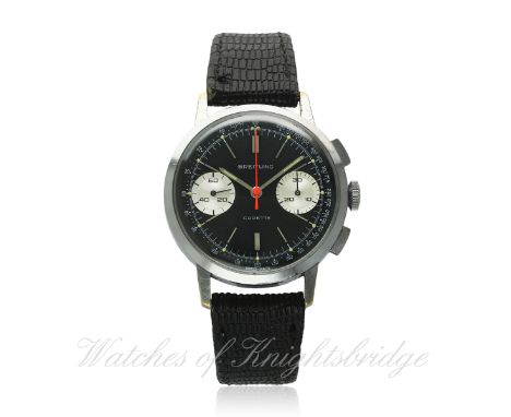 A GENTLEMAN'S BREITLING CADETTE CHRONOGRAPH WRIST WATCH CIRCA 1960s, REF. 1155
D: Black dial with silver batons, outer tachym