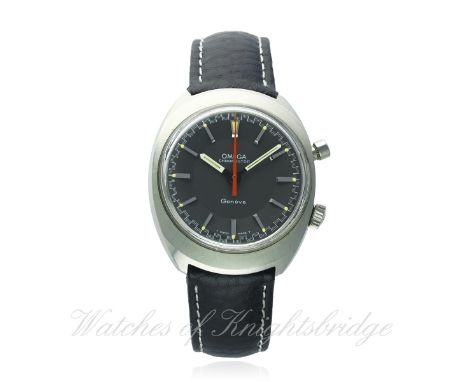 A GENTLEMAN'S STAINLESS STEEL OMEGA GENEVE CHRONOSTOP WRIST WATCH CIRCA 1968, REF. 145.009
D: Grey "racing" dial with silver 